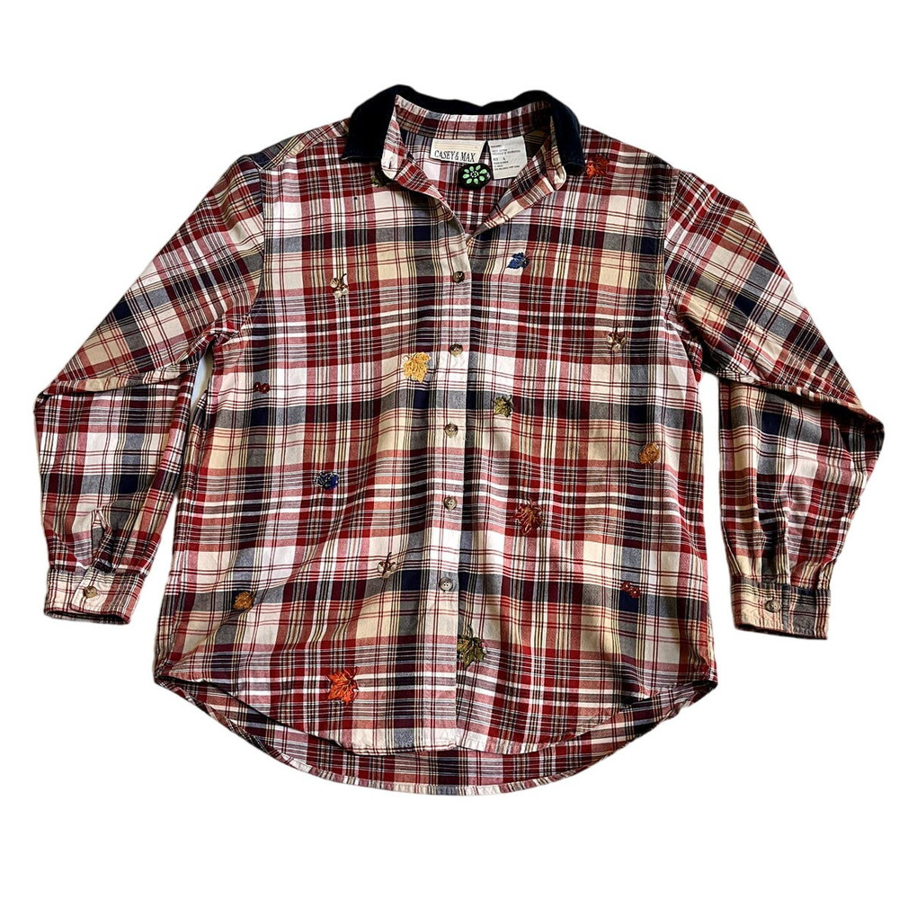 Vintage Casey & Max Embroidered Fall Leaves Flannel